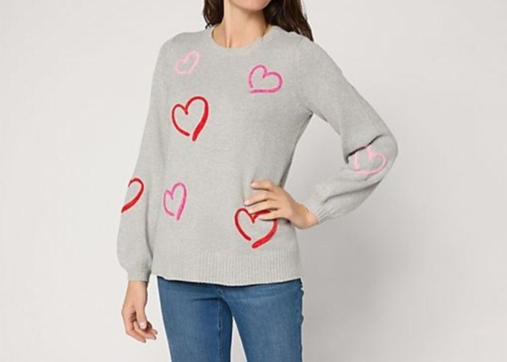 Belle Kim Gravel 1X Heather Gray Take Heart Chenille Trim Sweater A714174 NWOT